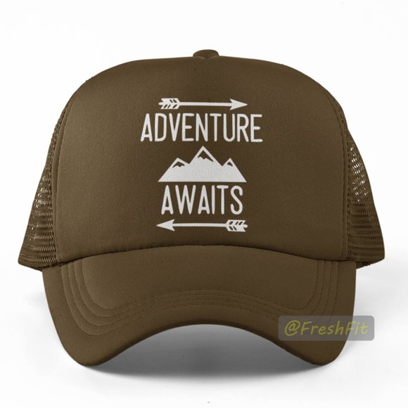 🆕Adventure Awaits Foam Trucker Hat Mesh Snapback Cap Brown - Picture 1 of 2